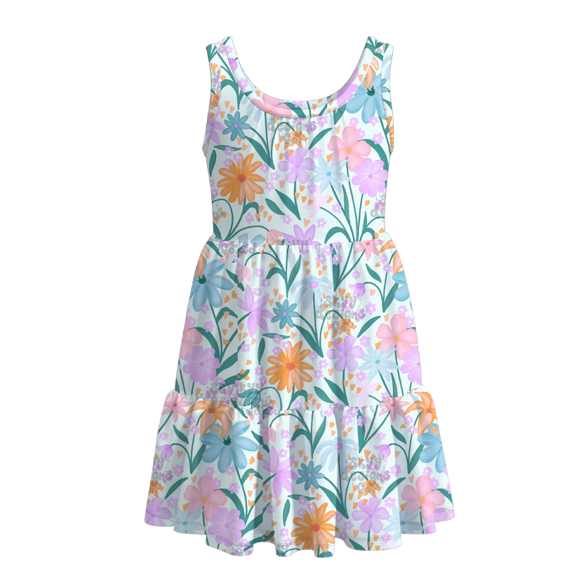 Girls Summer Floral Plaid Print Patchwork Dress