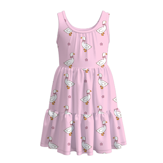 Girls Summer Floral Goose Print Patchwork Dress