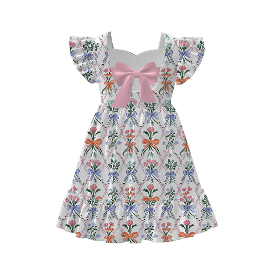 Girls Summer Bow Goose Print Short Sleeves Dress