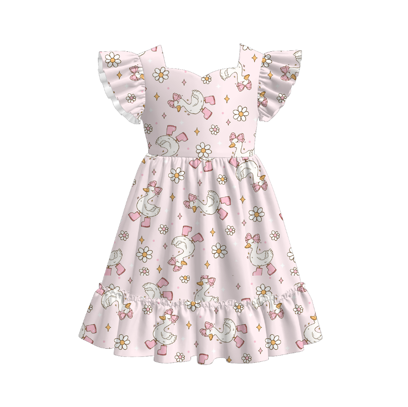 Girls Summer Bow Goose Print Short Sleeves Dress