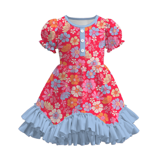 Girls Summer Crab Flower Lemon Print Ruffled Dress