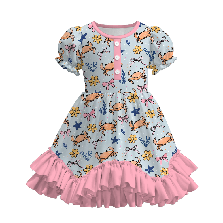 Girls Summer Crab Flower Lemon Print Ruffled Dress