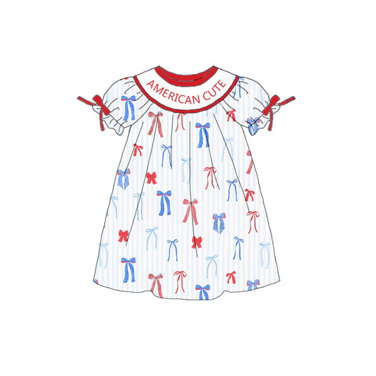 Girls July 4th Red Blue Bow Smocked Custom Name Dress And Romper