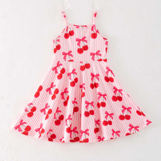 Girls Summer Red Cherry Stripes Print Soft Fashion Dress