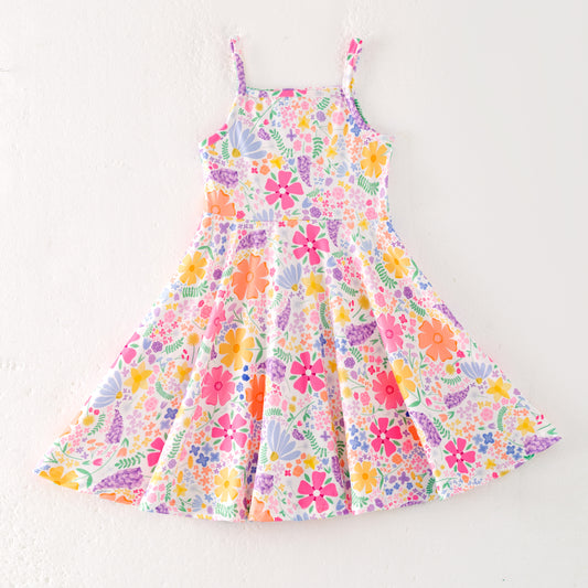 Girls Summer Colorful Flower Print Soft Fashion Dress