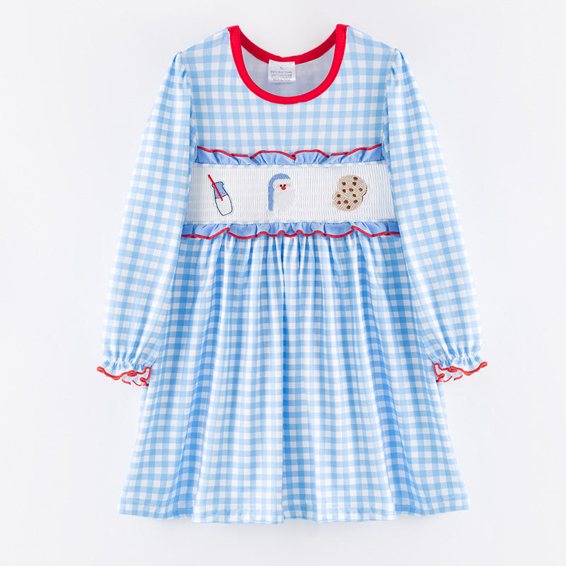 Girls Christmas Santa Cookies Embroidery Smock Blue Plaid Dress