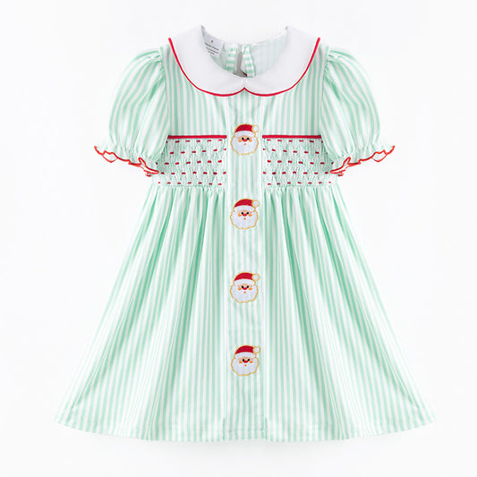 Christmas Kids Smocked Outfit Set – Santa Embroidery Green Sibling Collection