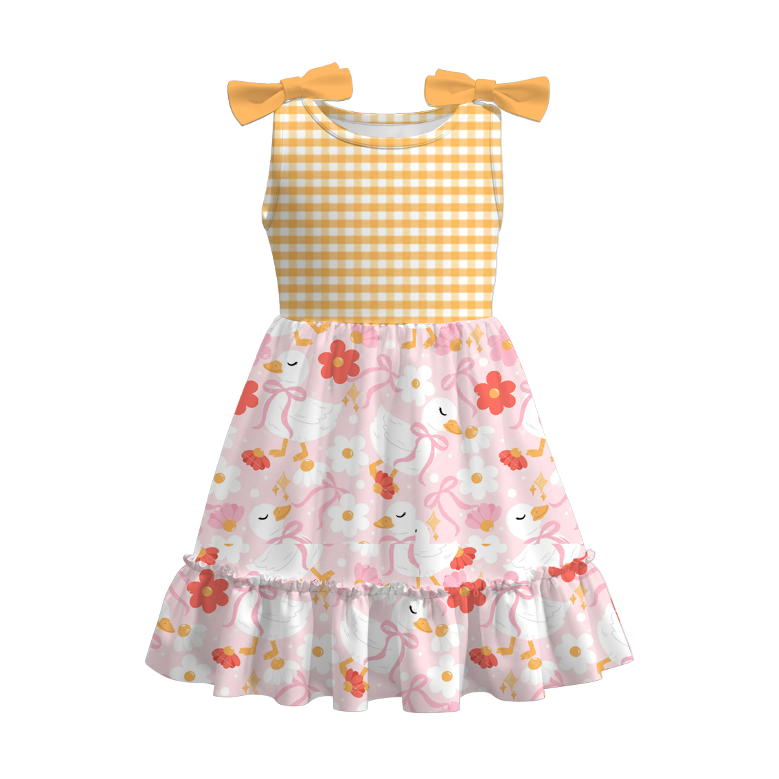 Girls Summer Yellow Plaid Bow Flower Print Dress