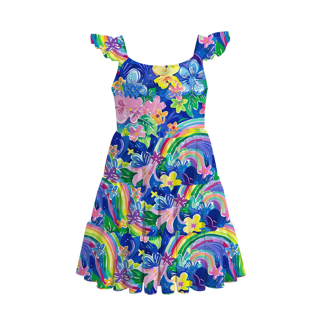 Girls Summer Rainbow Flower Blue Print Dress