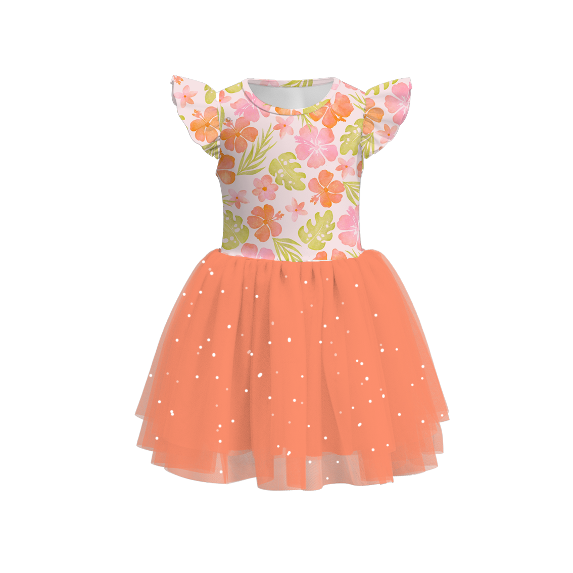 Toddler Girls Summer Floral Leaves Orange Tulle Dress