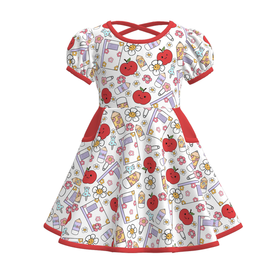 Girls Back To School Print Short Sleeves Twirl Dress