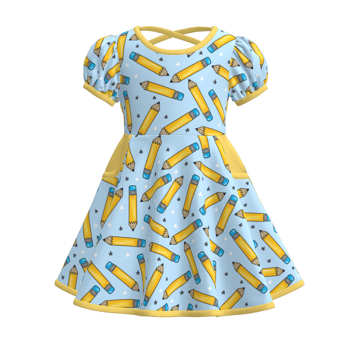 Girls Back To School Print Short Sleeves Twirl Dress