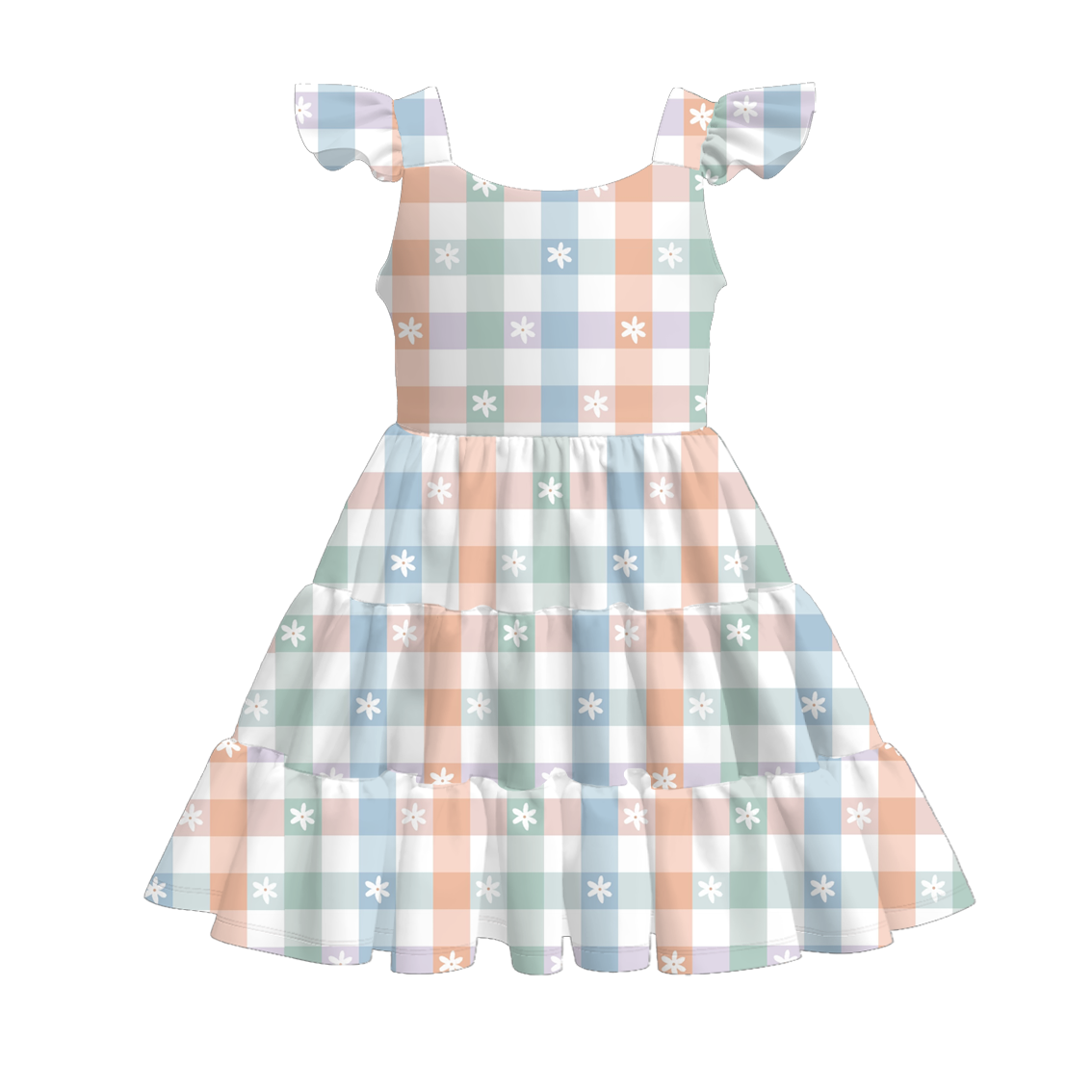 Girls Summer Plaid Flower Print Patchwork Dress