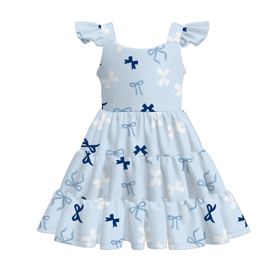 Girls Summer Blue Navy Bow Print Patchwork Dress
