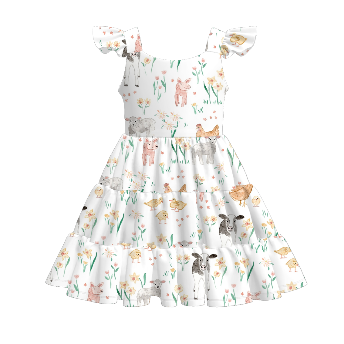 Girls Summer Farm Animals Print Patchwork Dress