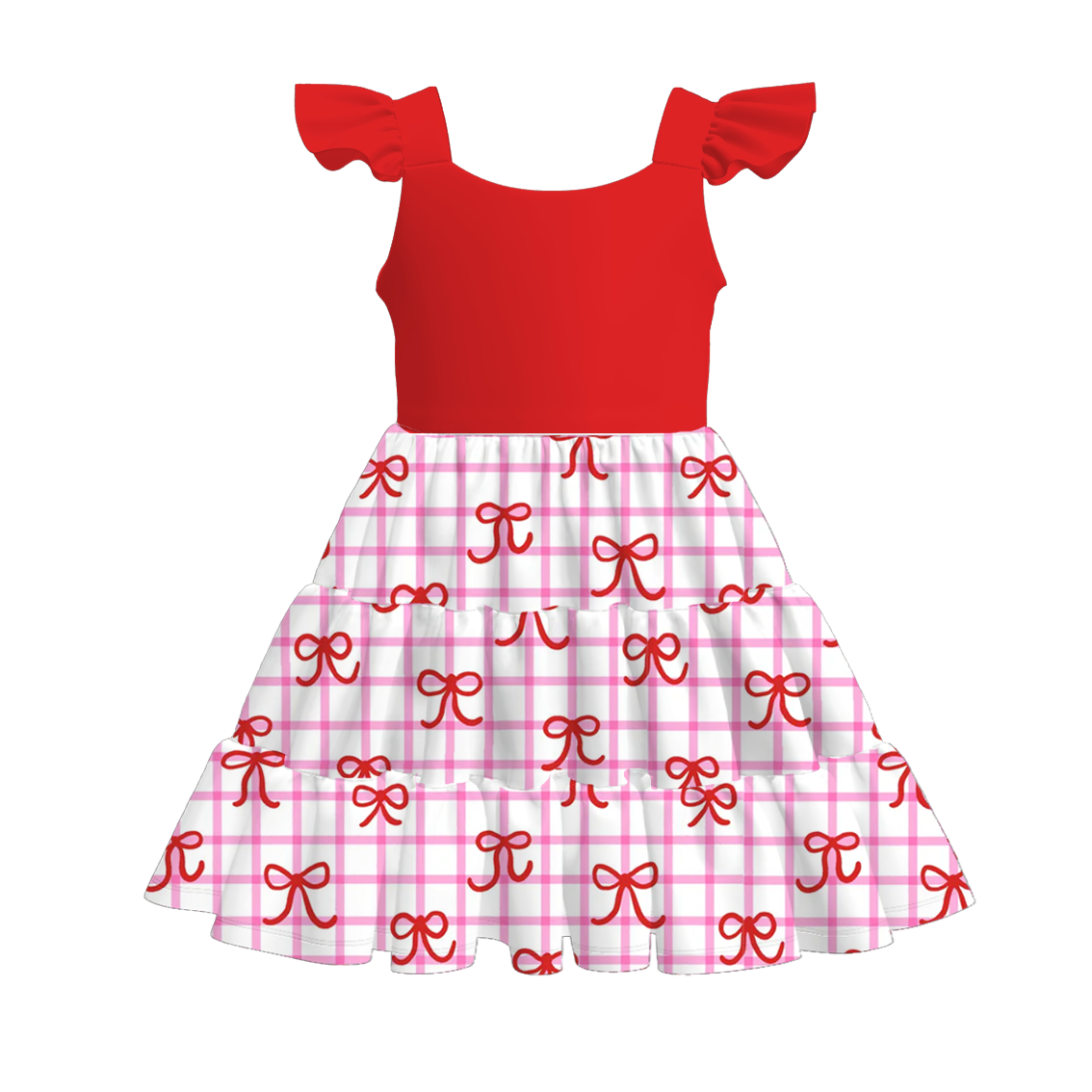 Girls Summer Red Bow Print Patchwork Dress