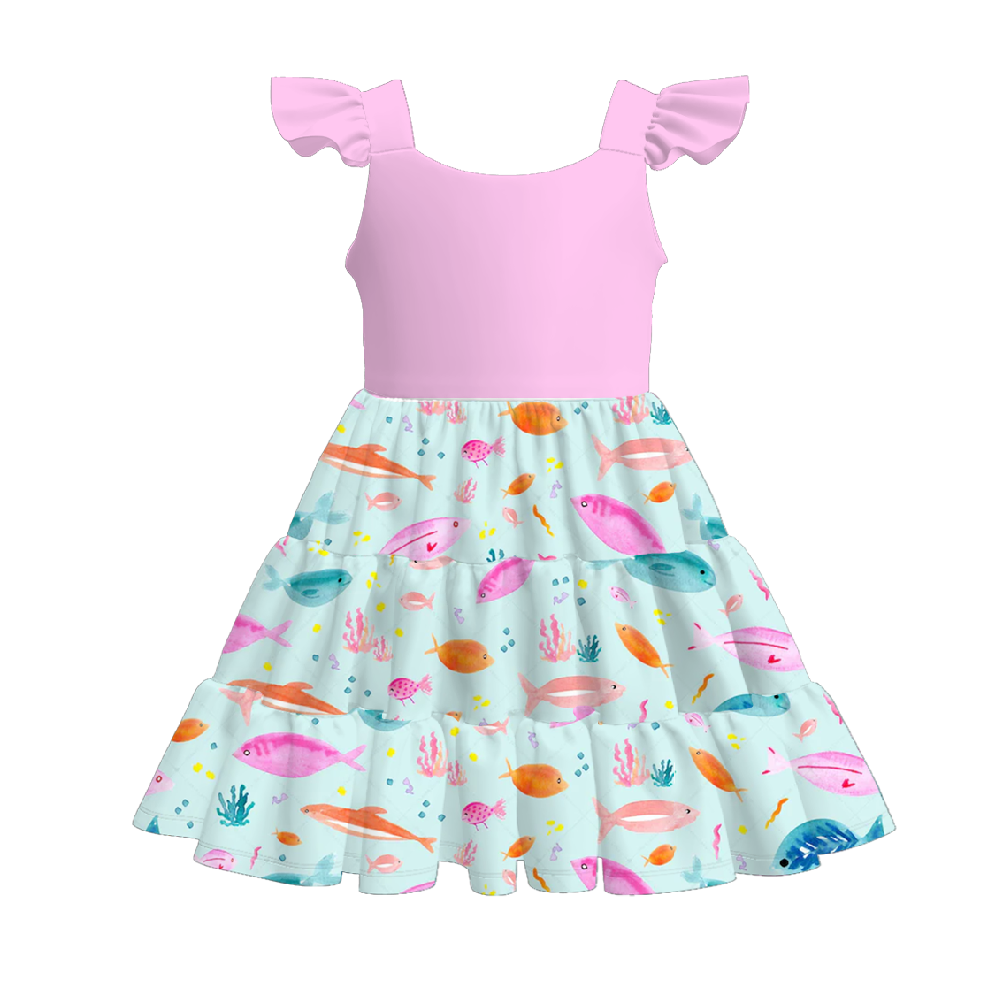 Girls Summer Pink Fish Print Patchwork Dress