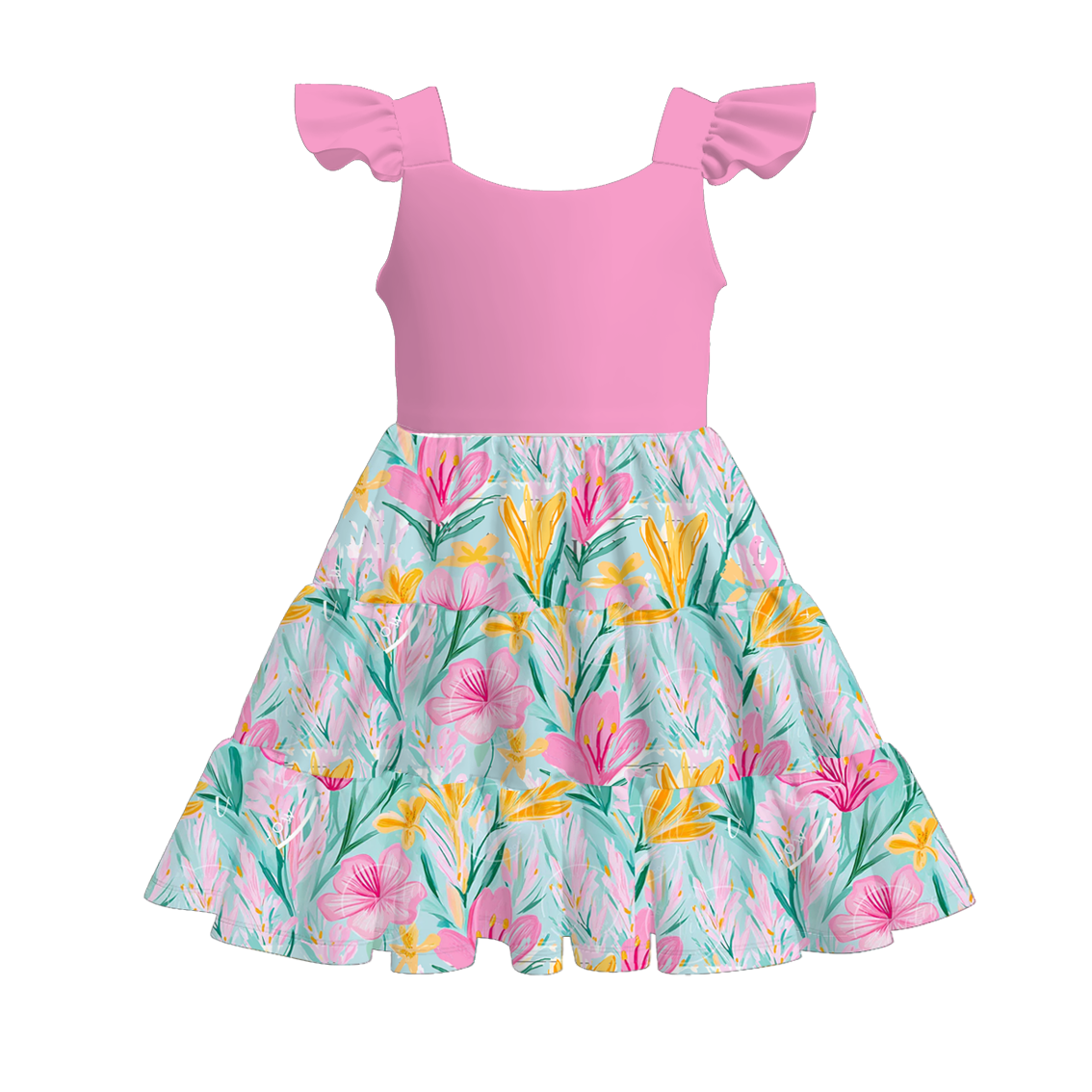 Girls Summer Pink Flower Print Patchwork Dress