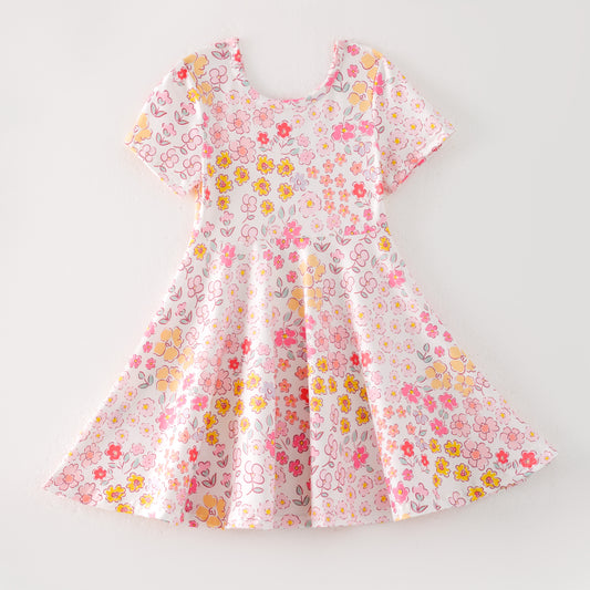 Girls Summer Pink Red Yellow Flower Print Twirl Dress