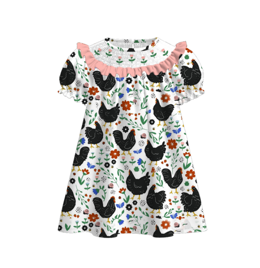 Girls Summer Chick Flower Embroidered Smocked Dress Romper