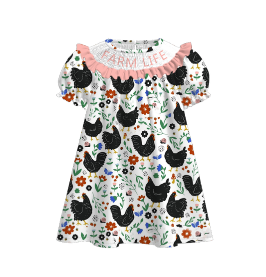 Girls Summer "FARM LIFE"Embroidered Smocked Dress Romper