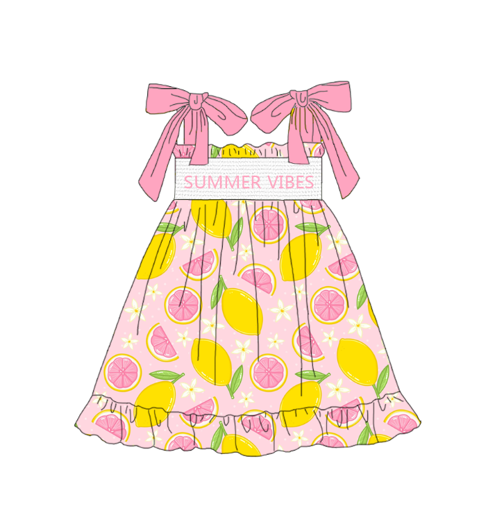 Girls Summer Lemon "SUMMER VIBES" Embroidered Smocked Dress Romper