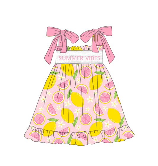 Girls Summer Lemon "SUMMER VIBES" Embroidered Smocked Dress Romper