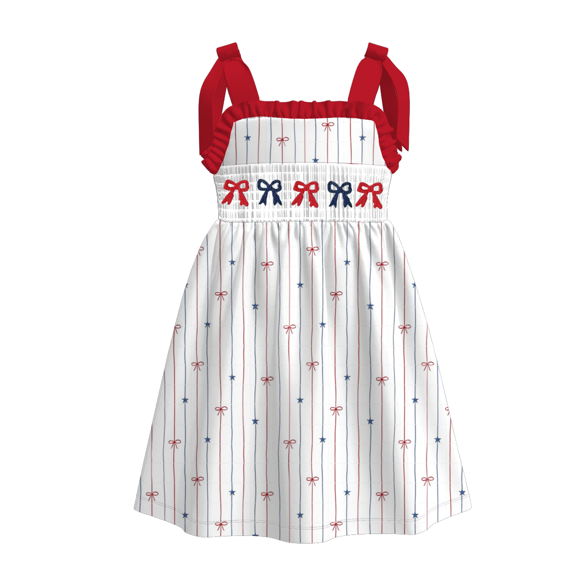 Girls July 4th Red Blue Bow Embroidered Smocked Dress Romper