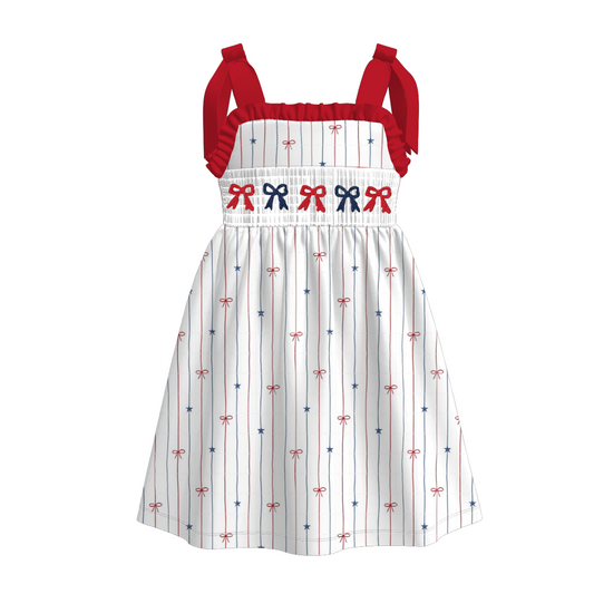 Girls July 4th Red Blue Bow Embroidered Smocked Dress Romper