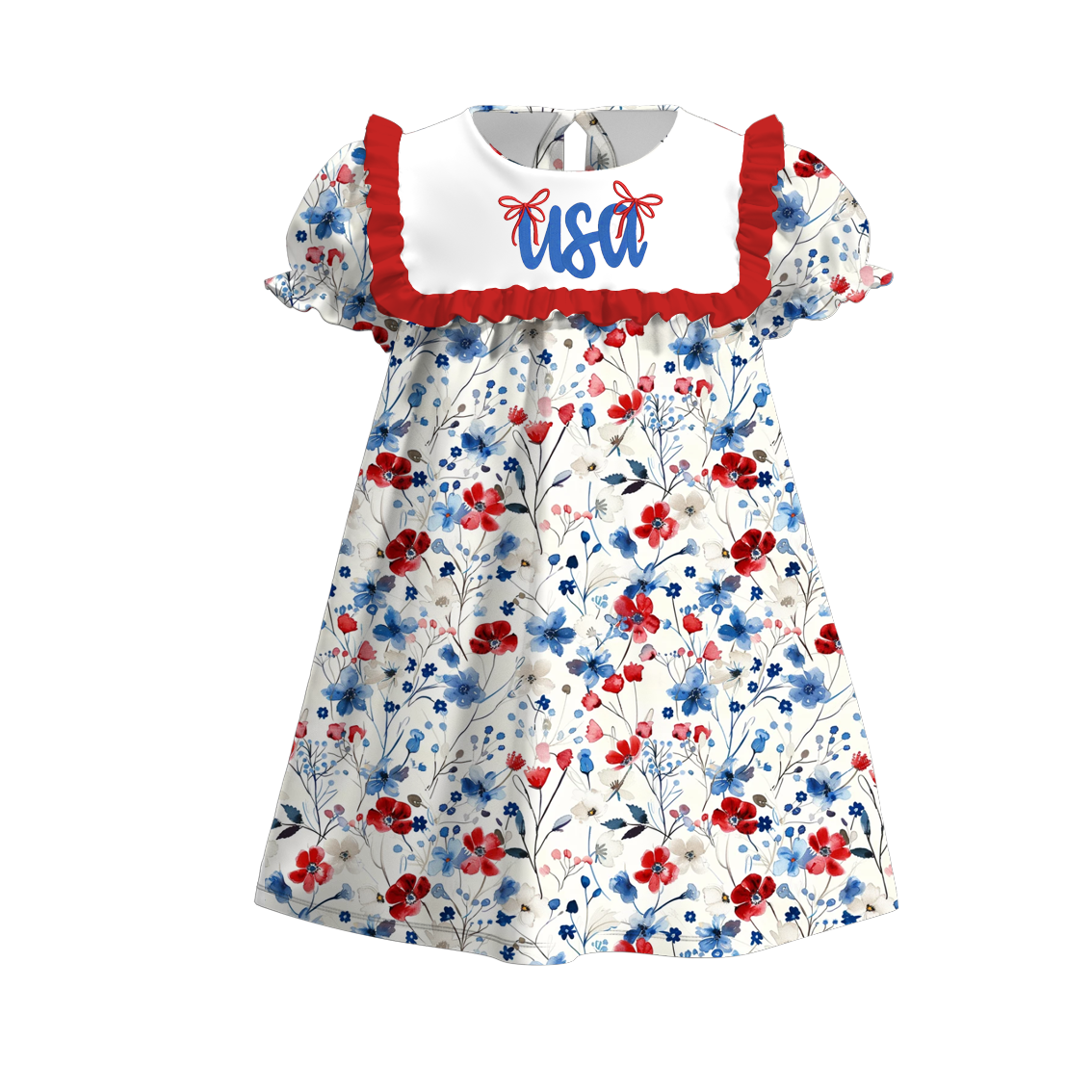 Girls July 4th Red Blue USA Floral Embroidered Dress Romper
