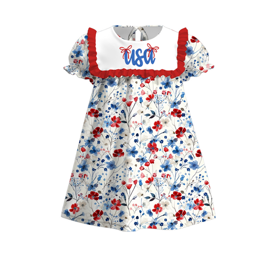 Girls July 4th Red Blue USA Floral Embroidered Dress Romper