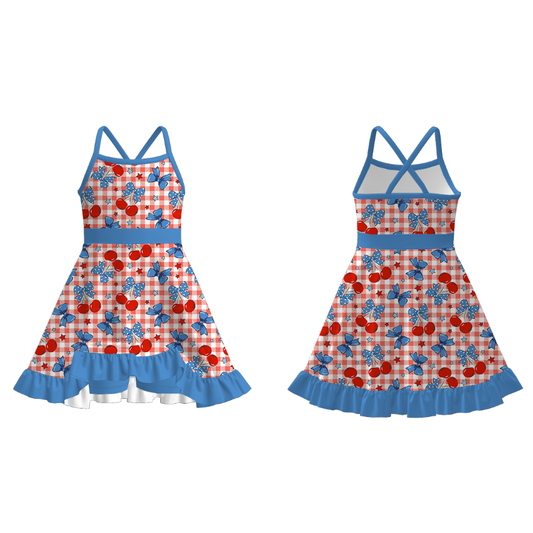 Girls July 4th Patriotic Red Blue Print Slip Outdoor Dress