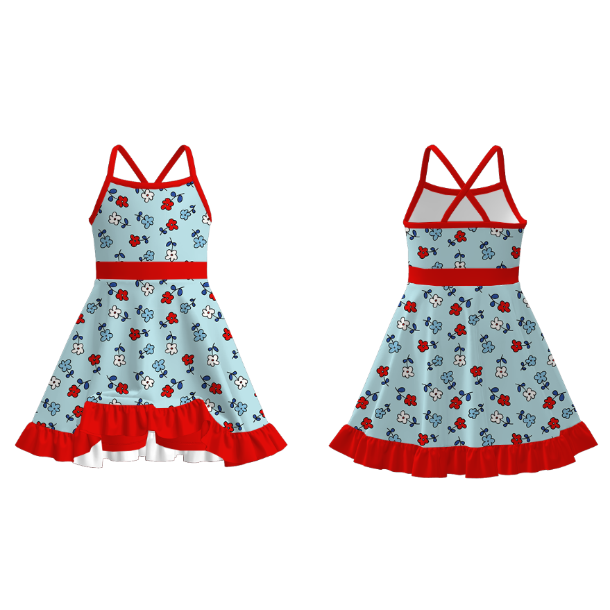 Girls July 4th Patriotic Red Blue Print Slip Outdoor Dress