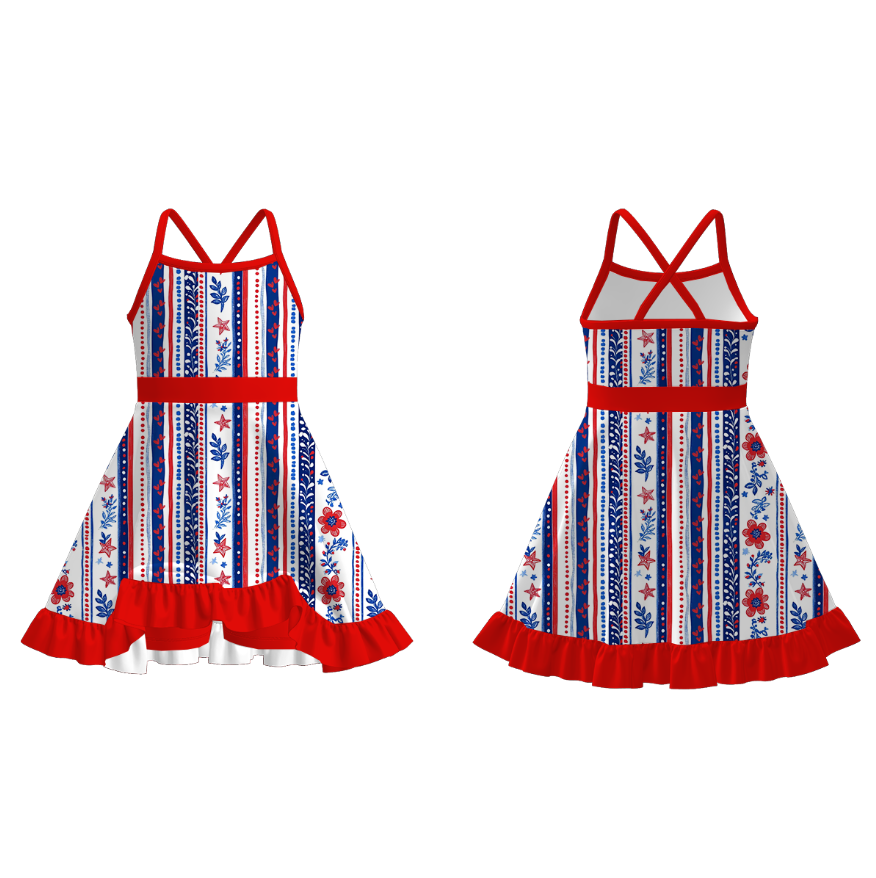 Girls July 4th Patriotic Red Blue Print Slip Outdoor Dress