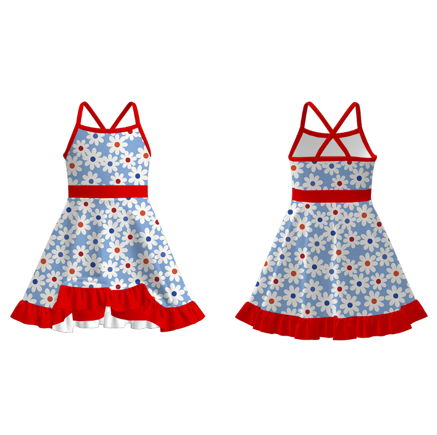Girls July 4th Patriotic Red Blue Print Slip Outdoor Dress