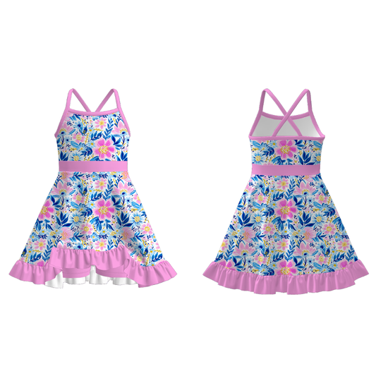 Girls Summer Flower Floral Print Slip Outdoor Dress