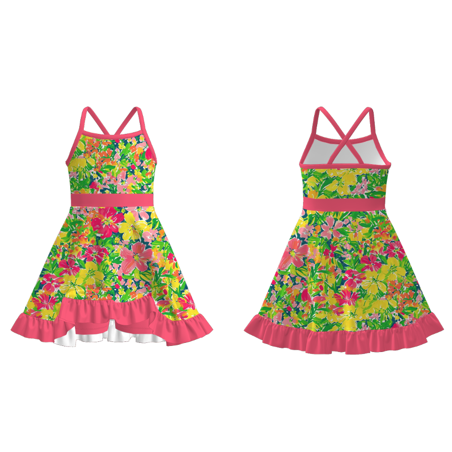 Girls Summer Flower Floral Print Slip Outdoor Dress