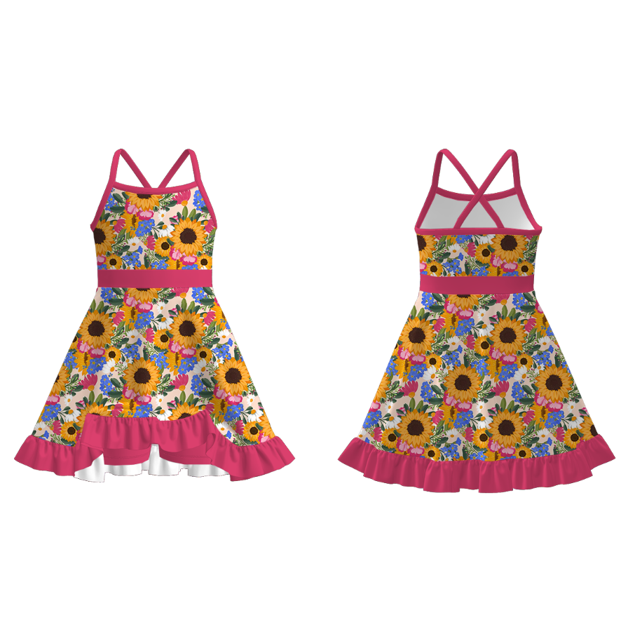 Girls Summer Flower Floral Print Slip Outdoor Dress