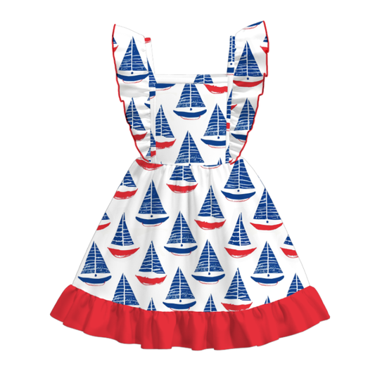 Girls 4th Of July Blue Red Star Print Ruffled Fashion Dress