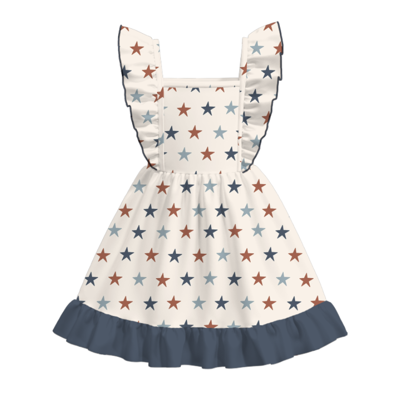 Girls 4th Of July Blue Red Star Print Ruffled Fashion Dress