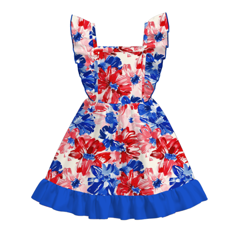 Girls 4th Of July Blue Red Star Print Ruffled Fashion Dress