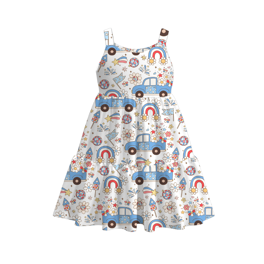 Girls 4th Of July Patriotic Red Blue Print Slip Outdoor Dress