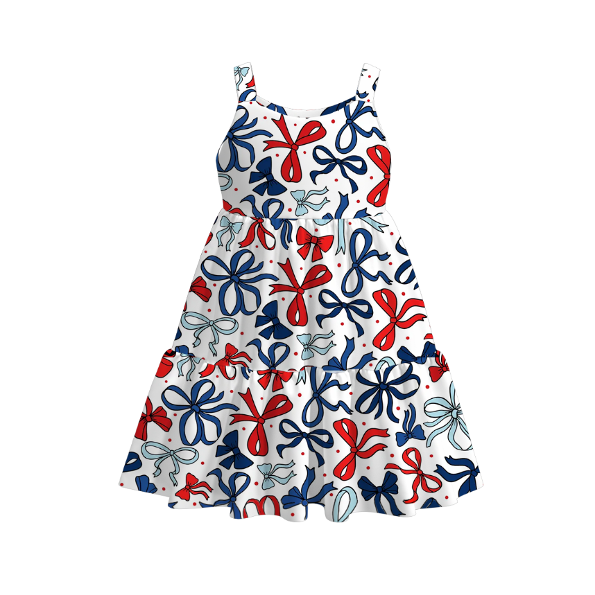 Girls 4th Of July Patriotic Red Blue Print Slip Outdoor Dress