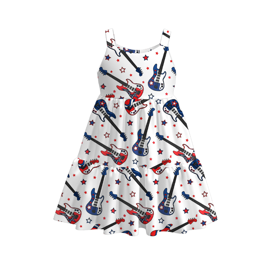 Girls 4th Of July Patriotic Red Blue Print Slip Outdoor Dress