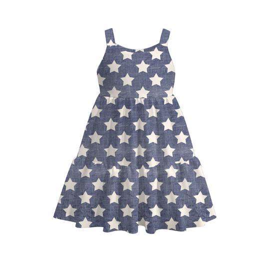 Girls 4th Of July Patriotic Red Blue Print Slip Outdoor Dress