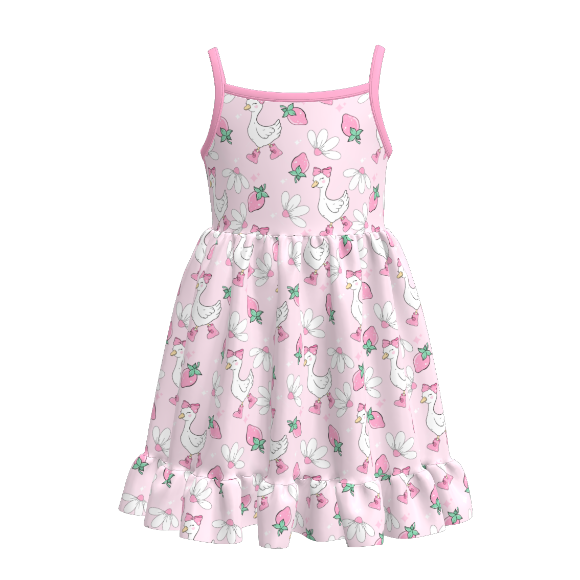 Girls Summer Goose Bow Drink Print Slip Ruffled Dress