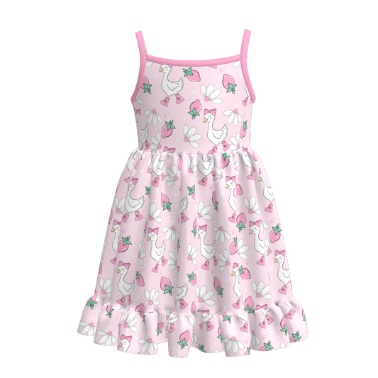 Girls Summer Goose Bow Drink Print Slip Ruffled Dress