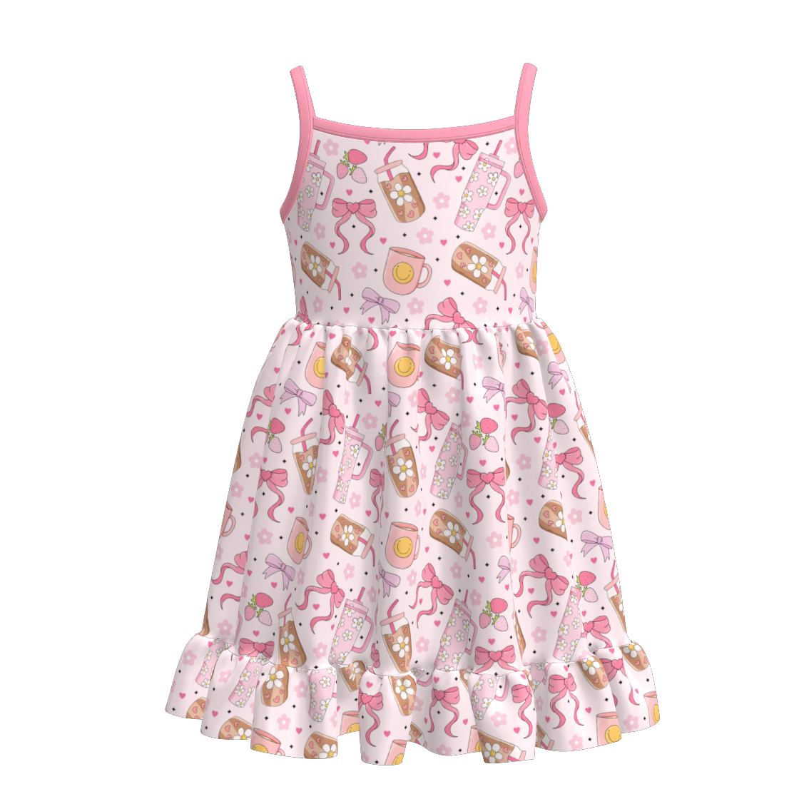 Girls Summer Goose Bow Drink Print Slip Ruffled Dress