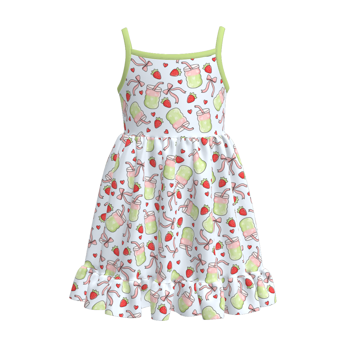 Girls Summer Goose Bow Drink Print Slip Ruffled Dress