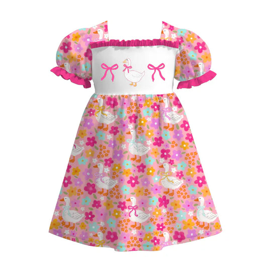 Girls Summer Pink Floral Silly Goose Embroidery Dress & Romper Set